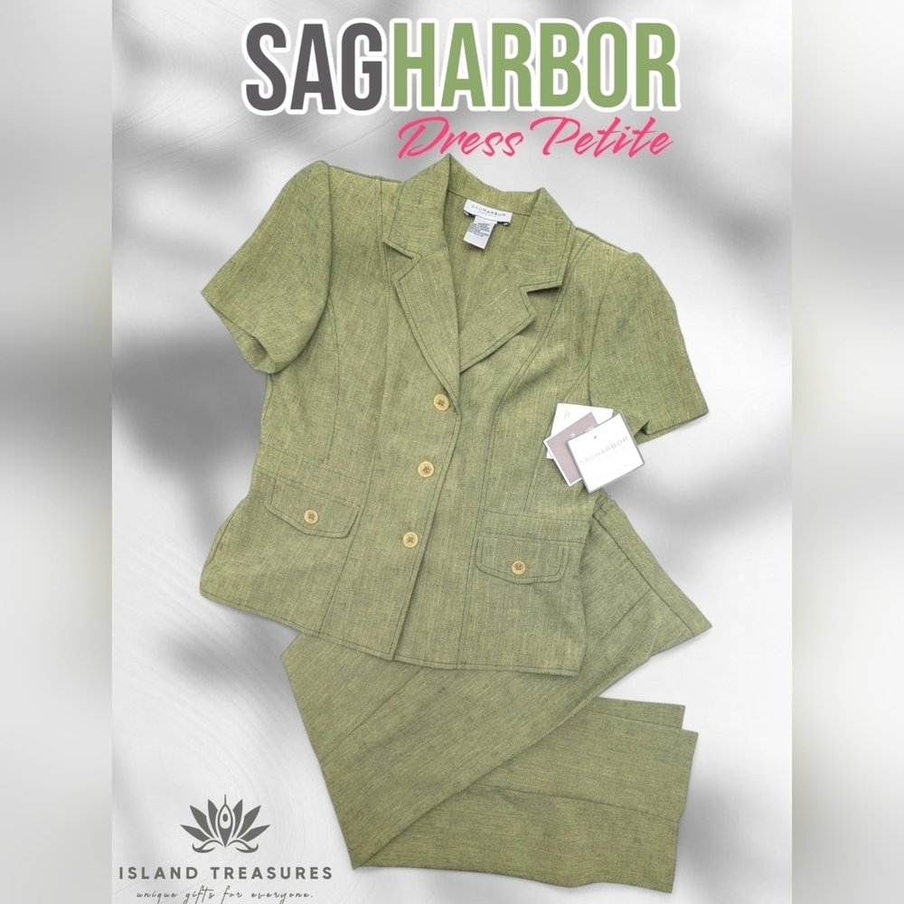 NWT Vintage Sag Harbor Slimming Short Sleeve Pant Suit Set Kiwi Green 10 Petite
